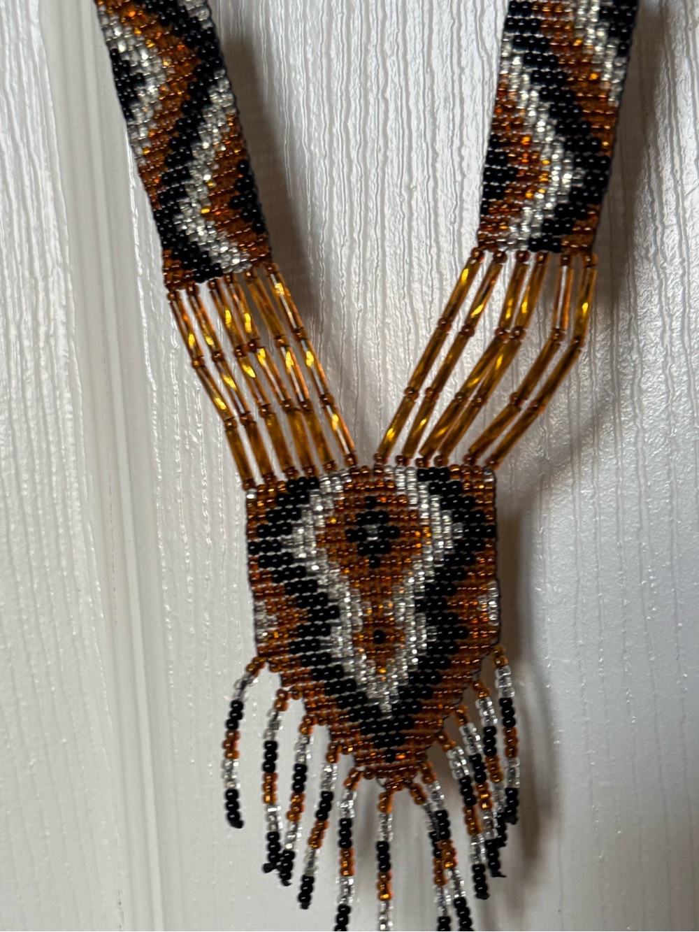 Handmade Beaded Fringe Necklace in Brown, Black & White